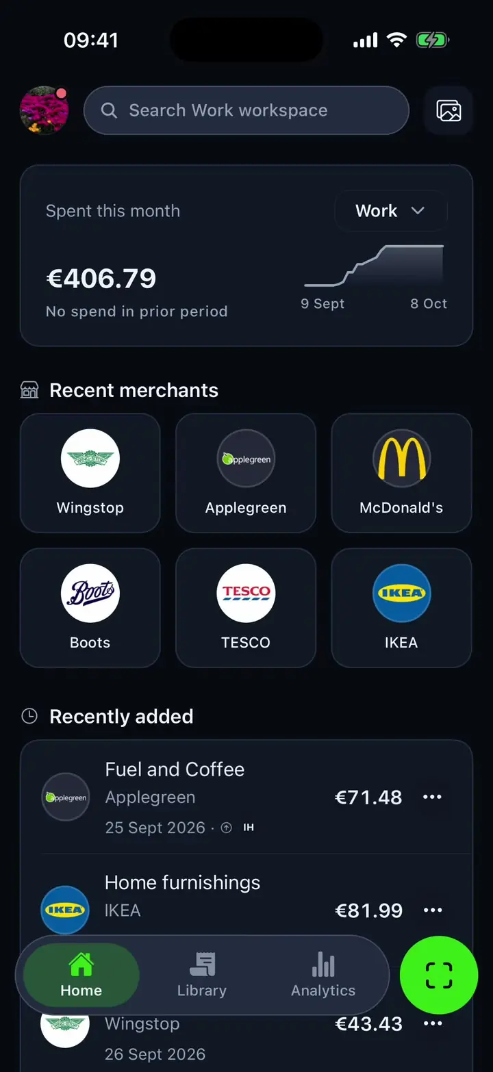 Tab's home screen: this month's spending, recent shops with their logos, and the latest receipts