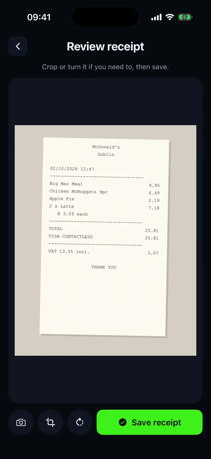 A receipt photo chosen in Tab, saved, and read: the shop, the total and each item filled in