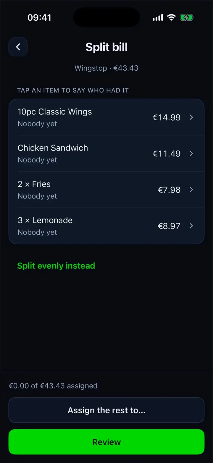 Splitting a Wingstop bill in Tab: each item given to the person who had it